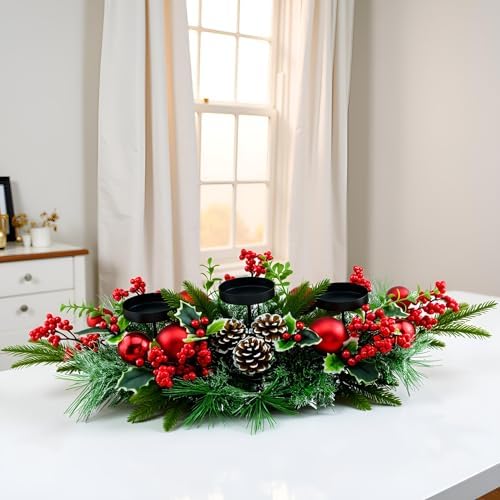 YULETIME 28" Christmas Triple Candelabrum, Red Baubles, Berries, Pine Cones