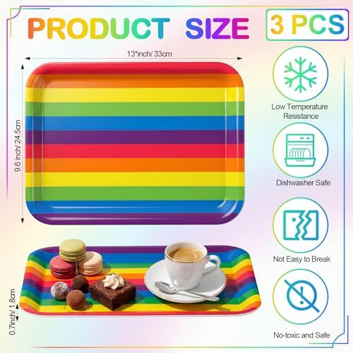Vesici 3 Pcs Rainbow Serving Trays 13 x 10 Inch Colorful Melamine Platters Rainbow Reusable Rectangular Serving Dishes for Summer Birthday Baby Shower LGBTQ+ Pride Month Party Food Snack Dessert Candy