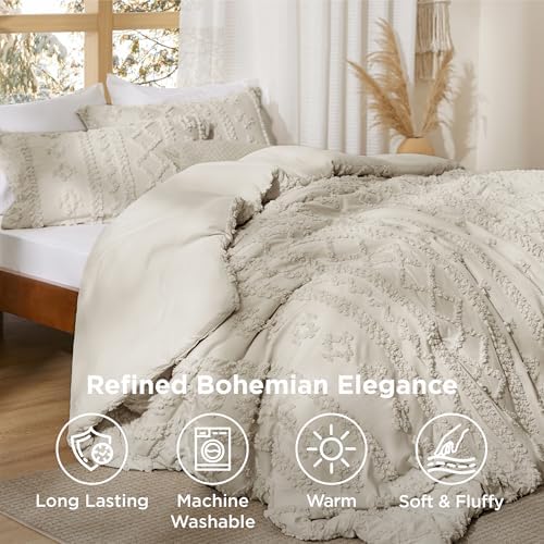 Bedsure Tufted Boho Comforter Set Oversized Queen - Linen Boho Bed Set, GentleSoft™ 3 Pieces Farmhouse-Style Embroidery