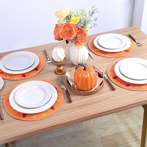 Feuille Fall Placemats Set of 4 PP Round Placemats for Dining Table Orange Pumpkins Placemats Perfect for Autumn Fall Thanksgiving Decorations