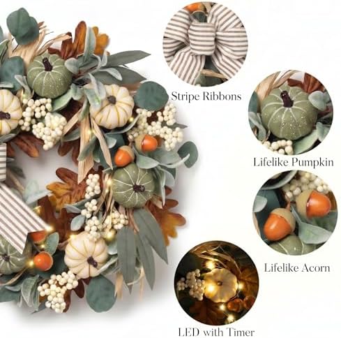 Valery Madelyn 20'' Fall Wreaths for Front Door with LED Lights