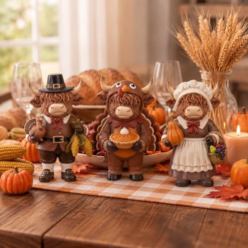 Simgoing 3 Pcs Fall Highland Cow Figurines Pilgrim and Turkey Cow Decor