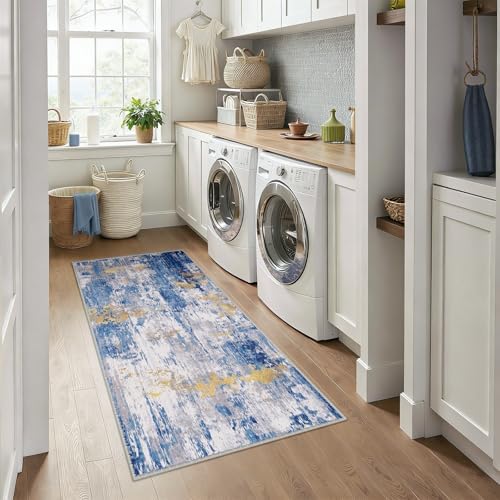 RELEANY Washable Runner 3'x6' Abstract Area Rug for Hallway Blue Gold