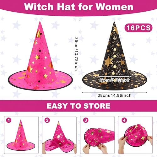 Newcotte 16 Pieces Witch Hats Halloween Costumes for Women Men Modern Witch Hats Fancy Dress Party Decorations