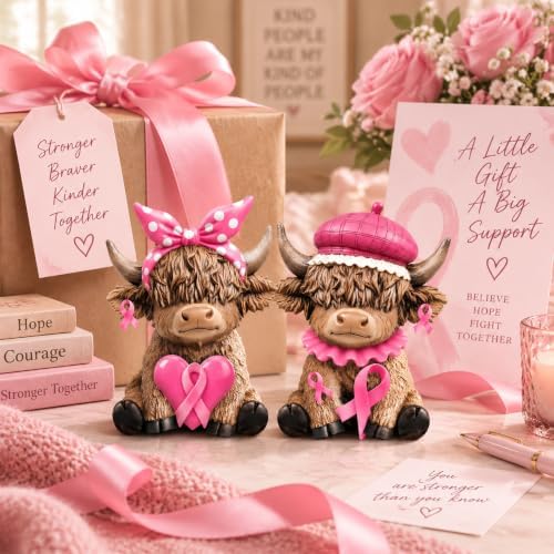 Karenhi 2 Pcs Breast Cancer Awareness Highland Cow Figurines, Pink Ribbon