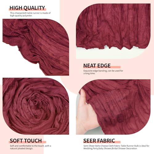 4 Pcs Burgundy Christmas Cheesecloth Table Runner 10Ft, Gauze Table Runners 21.5 x 120 inch, Semi Sheer Cheese Cloth Fabric Runner Bulk for Wedding,Party,Baby Shower,Bridal Shower