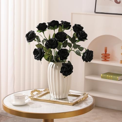 Hawesome 12PCS Artificial Silk Flowers Realistic Roses Bouquet Long Stem for Home Wedding Decoration Party (Black, 12Pcs Flowers)