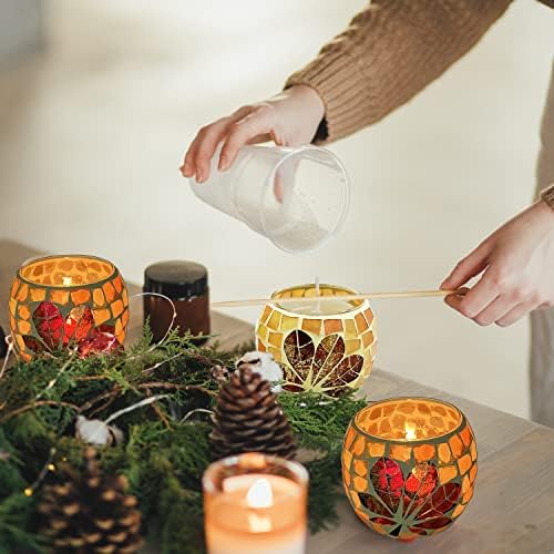 SHMILMH Fall Votive Candle Holder Set of 4, Mosaic Glass tealight Holders with Maple Leave for Halloween Thanksgiving Party Decorations