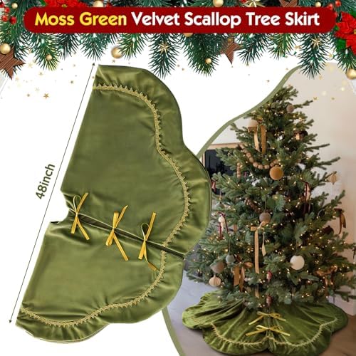 Arrowbash Olive Green 48 Inch Christmas Tree Skirt Velvet Scallop Ddge