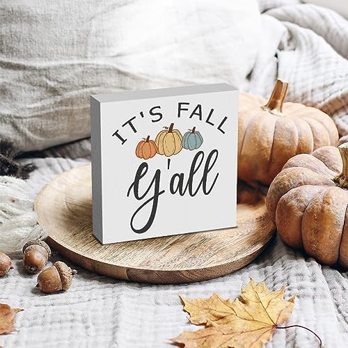 HTBIG Fall Wooden Box Sign Desk Decor, 5.1 X 5.1 Inch Pumpkin Autumn Wood Sign for Tiered Tray Decor for Home Living Room Harvest Day Thanksgiving Tabletop Decor-It's Fall Y'all 2