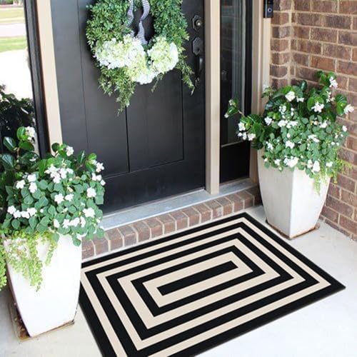 Front Door Mat Indoor Outside Entrance, 2x3 Modern Black White Rug
