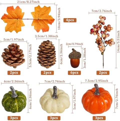 Artmag Pumpkin Decor Set, 25 PCS Fall Artificial Maple Leaves, Harvest Pumpkins, Acorns, Pine Cones and Orange Berry Stems Decorations for Fall Thanksgiving Table Decor