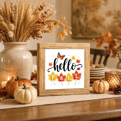 Fall Wood Sign, Hello Fall Maple Leaf Butterfly Tabletop Decor