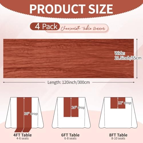 4 Pack Terracotta Cheesecloth Table Runner 10Ft, Fall Table Runner 21.5 x 120 inch, Burnt Orange Semi Sheer Cheese Cloth Fabric Thanksgiving Runner Bulk for Wedding,Party,Bridal Shower