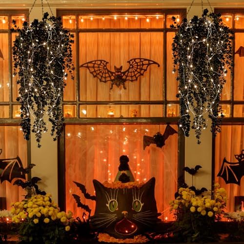 RECUTMS Black Hanging Flowers with Light Faux Hanging Plants Black Greenery
