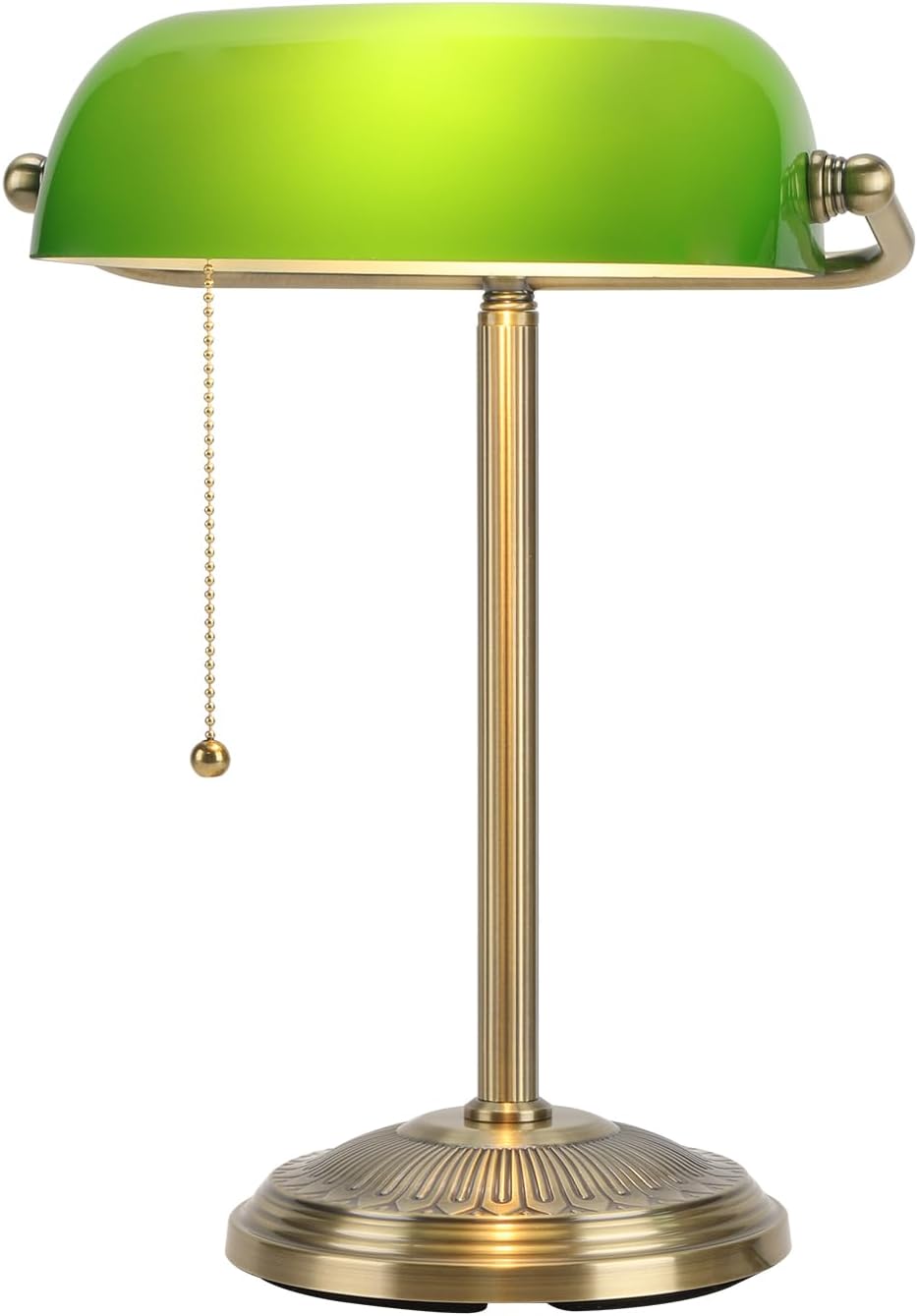 Bankers Lamp, Brass Finish with Pull Switch, Green Glass Shade | Classic Desk Lamp for Home, Office, Study, Piano