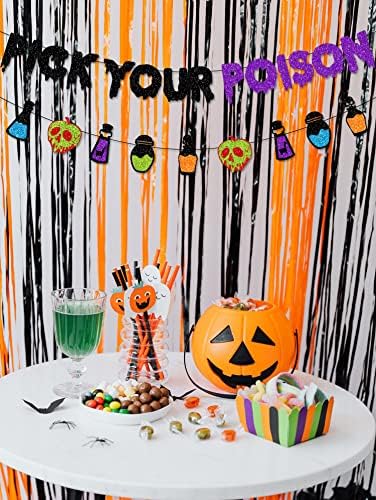PTFNY Glittery Pick Your Poison Banner Hocus Pocus Decorations Potion Bar Decorations Halloween Party Banner for Haunted Houses Home Halloween Party Decorations Supplies