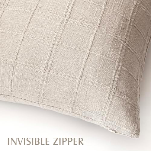 Decorative Linen Check Throw Pillow Covers Neutral Farmhouse / 20 x 20 / Natural Linen / Set of 2