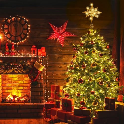 DULEFUN Christmas Tree Topper Lighted 13.5” Gold Star Tree Toppers with 20 LED Lights Christmas Tree Top Ornament for New Year Holiday Home Office Indoor Decorations
