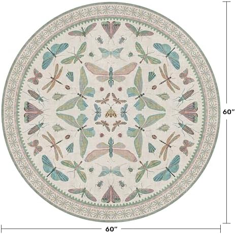 Insect Light Green 5ft Round Area Rug for Living Room - Washable Floral Fun Kids Rugs for Bedroom, Playroom, Boho &