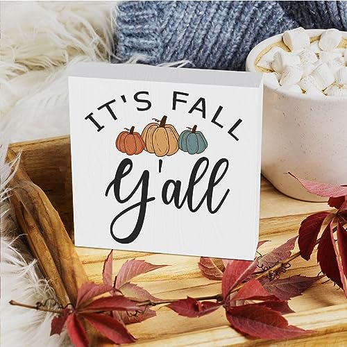 HTBIG Fall Wooden Box Sign Desk Decor, 5.1 X 5.1 Inch Pumpkin Autumn Wood Sign for Tiered Tray Decor for Home Living Room Harvest Day Thanksgiving Tabletop Decor-It's Fall Y'all 2