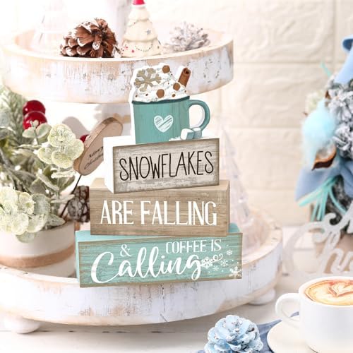 Moucuny 4 Pcs Wooden Block Signs Farmhouse Table Decor Winter Coffee Cup