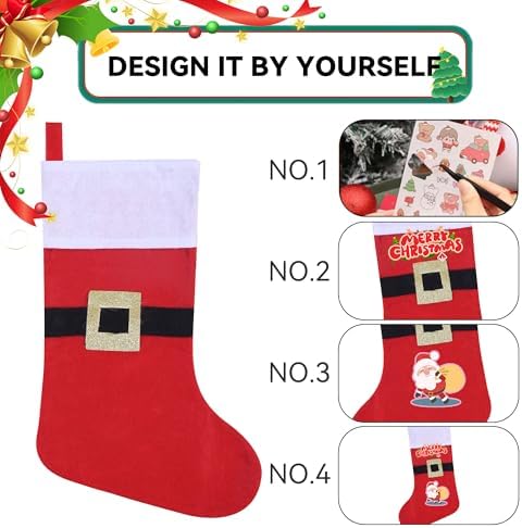 12 Pack Felt Christmas Stockings with Buckle, 19 Inches Red and White Christmas Stockings Hanging Ornaments, White Cuff with Buckle Christmas Stocking for Family Christmas Holiday Decorations