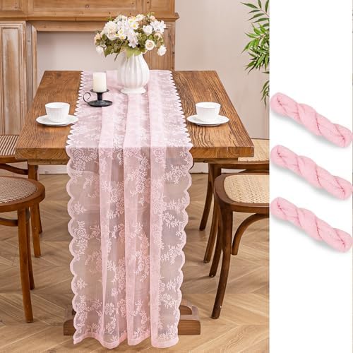 Pink Lace Table Runner with Floral Embroidered (1pcs, 28”x118”)