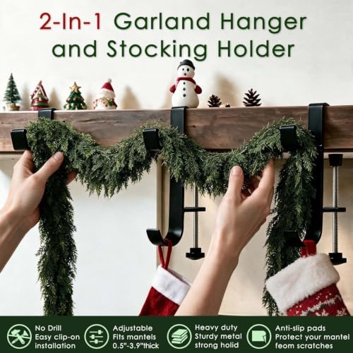 HMASYO 2-in-1 Christmas Garland & Stocking Holders for Mantle, Adjustable Low-Profile Fireplace Hangers with Dual Hooks, Metal Stocking Hooks for Garland, Fits 0.5”-3.4”Mantels (Black, Set of 8)