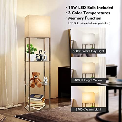 RUNTOP Plus Floor Lamp with Shelves, Modern Shelf Floor Lamp with 15W 3CCT LED Bulb and Memory Function, Wide Shelf