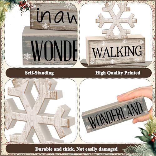 Moucuny 4 Pcs Snowflake Decorations Wooden Block Signs Winter Farmhouse