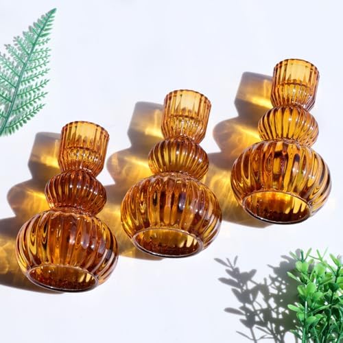 Woho Amber Candlestick Holders Set of 6 4.3" H for Thanksgiving/Fall Decor