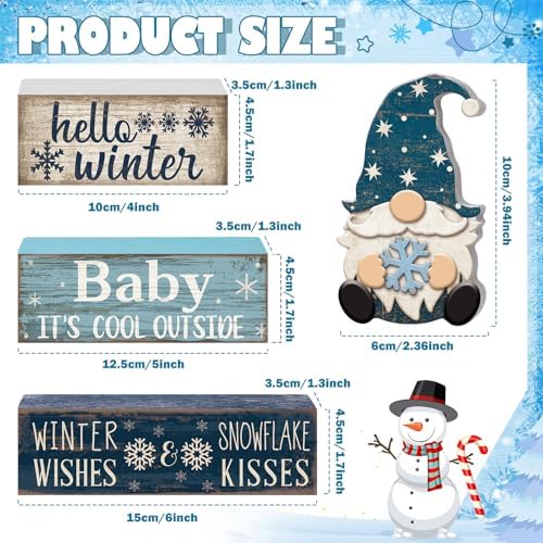 Moucuny 4 Pcs Winter Wood Block Signs Gnome Farmhouse Table Decoration