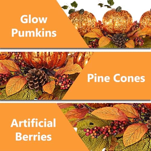 Fall Centerpieces for Table, Lighted LED Sparkle Pumpkins Battery Operated with Timer for Thanksgiving Autumn Harvest Dining Table Decorations 28’’ L