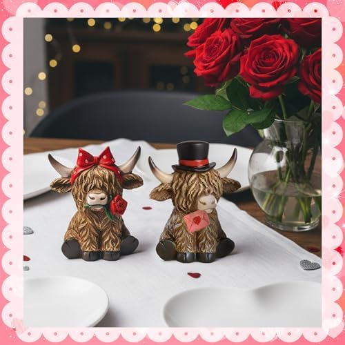 Simgoing 2 Pack Valentine's Day Highland Cow Figurines Resin Highland Cow with Love Letter and Rose Calf Lovers Gifts Valentines Tabletop Decorations for Home Centerpieces Exchange Gifts