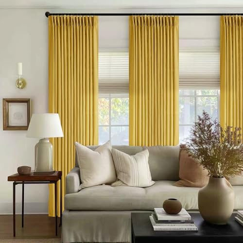Mustard Yellow Pleated Semi Sheer Linen Curtains 102 Inches Long 2 Panel