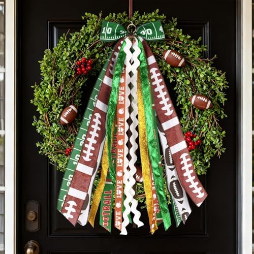 Football Wreath Sash with 9 Ribbon Streamers, Winter Bow for Front Door, Game Day Burlap Decor, Sparkle Decorations 27.5 Inch