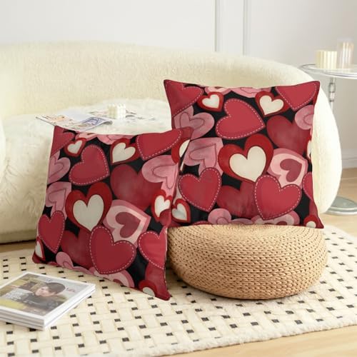 Valentine Day Throw Pillow Covers 16x16 Set of 2 Red Black Pink Love Hearts Pillow Cover Valentines Outdoor Holiday Decorative Pillow Cases for Couch Sofa Home