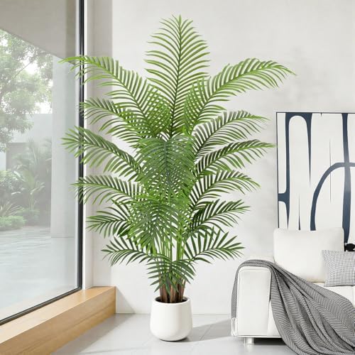 6ft Artificial Palm Tree Tall Faux Palm Tree Indoor Large Fake Plants with 18 Trunks Artificial Plants with White Pot