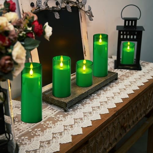 Homemory Green Flickering Flameless Candles, Battery Operated Acrylic LED Pillar Candles with Remote Control and Timer, Set of 5, St. Patrick's Day