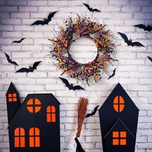 VioletEverGarden Halloween Wreaths for Front Door 22 Inch Skeleton Black Wreath Handmade Halloween Door Wreath with Purple and Orange Berries for Gothic Decorations