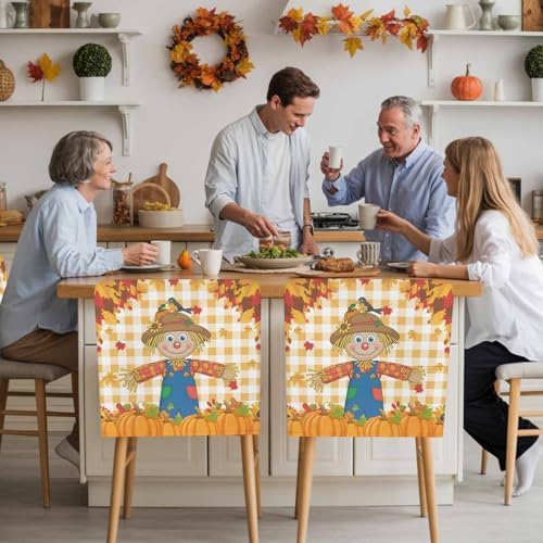LooPoP Fall Chair Covers Set of 8 Scarecrows Crow Pumpkin Chair Slipcover Protector Stretch Chair Covers Maple Leaf Orange Buffalo Plaid Thanksgiving Chair Back Covers for Dining Chairs Kitchen Party