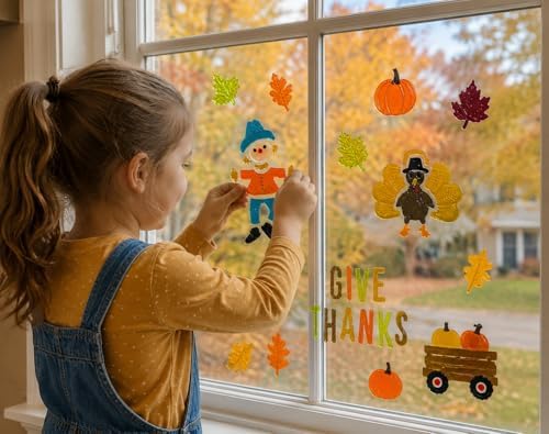 Fall Gel Cling Stickers for Windows and Mirrors - 6 Sheets of Reusable Seasonal Designs: Scarecrow, Leaves, Tractor, Pumpkins, Turkey Pumpkins and More!