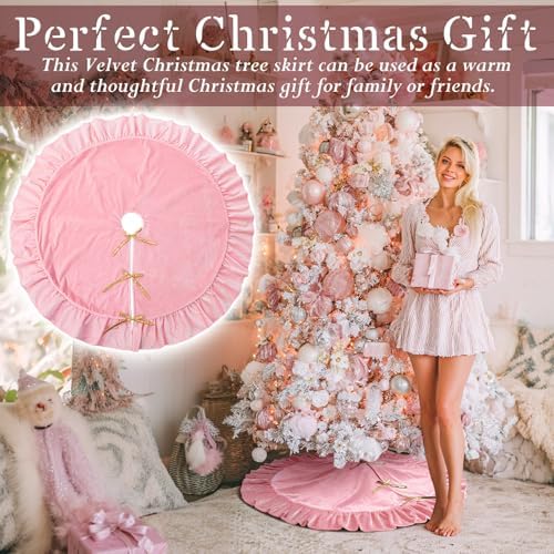 Velvet Christmas Tree Skirt, 48 Inches, Bow Style, Pink