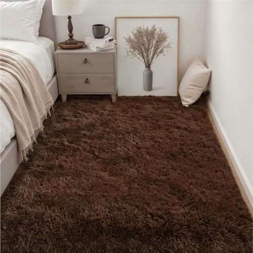 Area Rug Living Room Bedroom: 5x7 Fluffy Plush Shag Carpet Brown