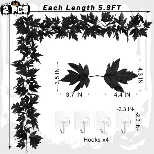 2Pack 11.8FT Black Maple Leaf Halloween Garland for Porch Mantel Decor