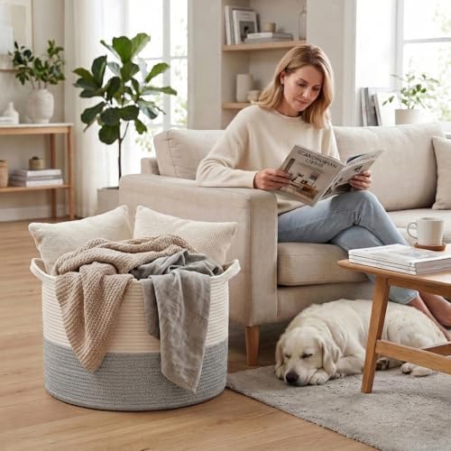 65L Large Blanket Basket,Woven Rope Laundry Basket-White&Grey