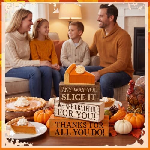 Moucuny 4 Pcs Fall Stacked Blocks Pumpkin Pie Farmhouse Thanksgiving Decor