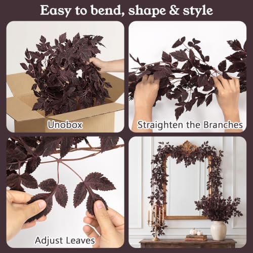 6Ft Plum Fall Garland for Mantle with Lights, Fall Decorations for Home