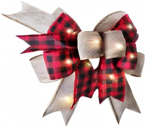 SIMISI RIBBON LED Christmas Buffalo Plaid Bow Rustic Burlap Black Red Crafts Wreath Bow with LED Lights for Holiday Decorations (9.5 x 13 inch)